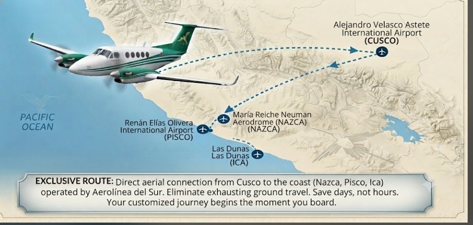 Direct flight route from Cusco to Nazca, Pisco and Ica